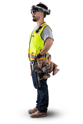 Wall & Ceiling Trade Professional with Spectar Augmented Reality BIM Helmet and traditional tools on belt